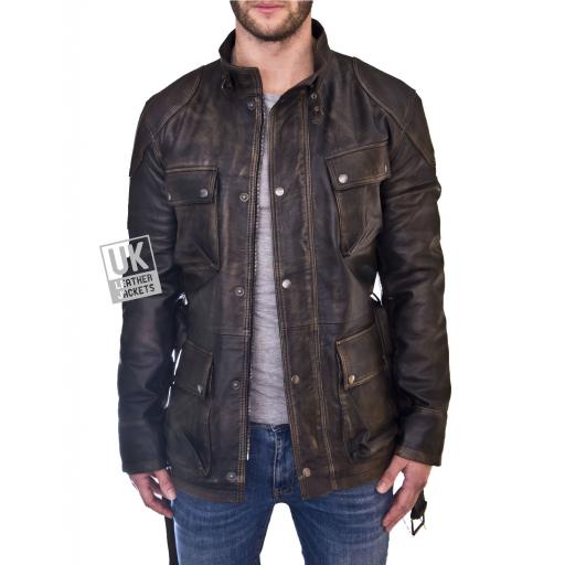 Mens Hip Length Leather Jacket - Longhurst - Vintage Black - Front