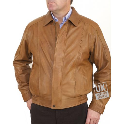 Men's Tan Leather Jacket - Plus Size - Oregon - Front