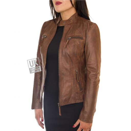 Women's Tan Leather Biker Jacket - Leone - Front Unzipped
