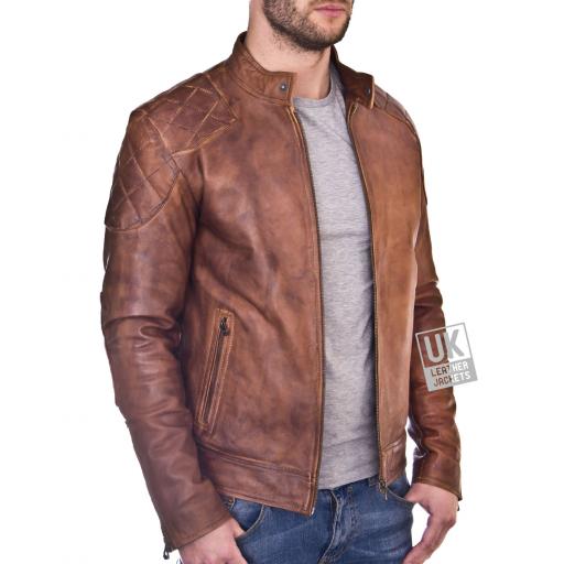 Mens Vintage Tan Leather Jacket - Corado - Side
