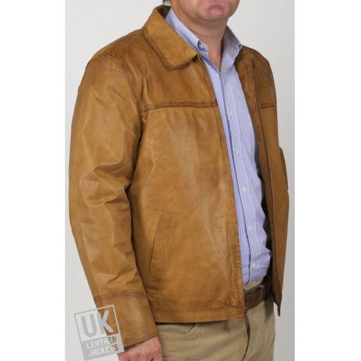 Men's Tan Leather Jacket - Harrington - Cover