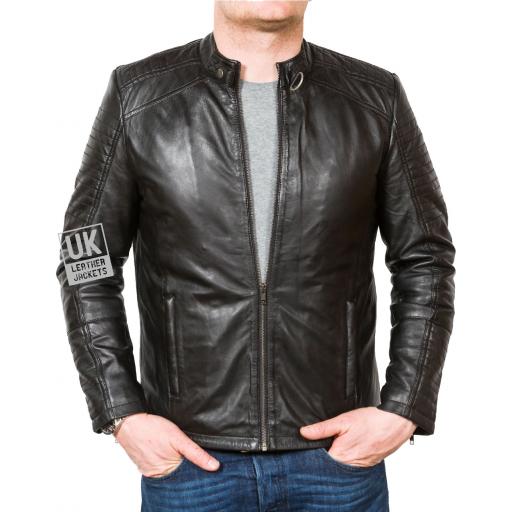Mens Black Leather Biker Jacket - Theta - Main
