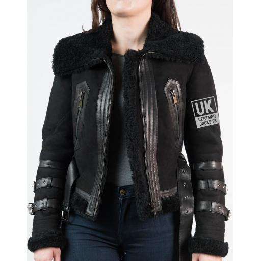 Womens Belted Shearling Sheepskin Jacket – Alana - Black - Unzipped