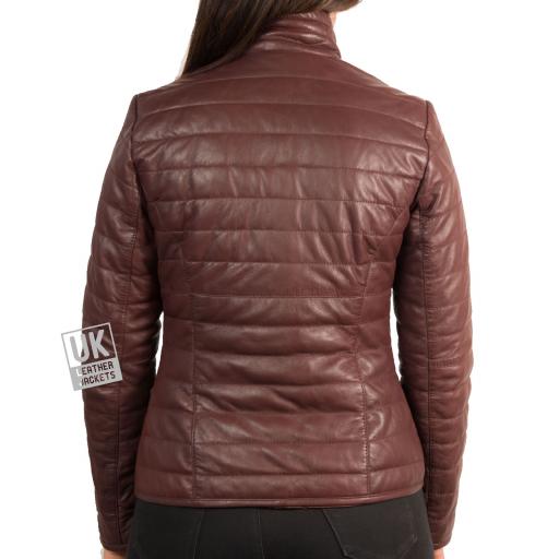 Womens Burgundy Leather Puffa Jacket - Back