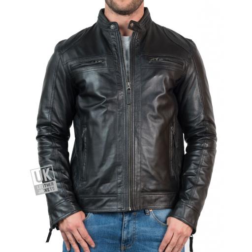 Mens Black Leather Jacket - Ellis - Front