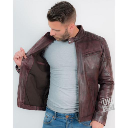 Men’s Leather Biker Jacket - Zurich - Vintage Burgundy - Lining