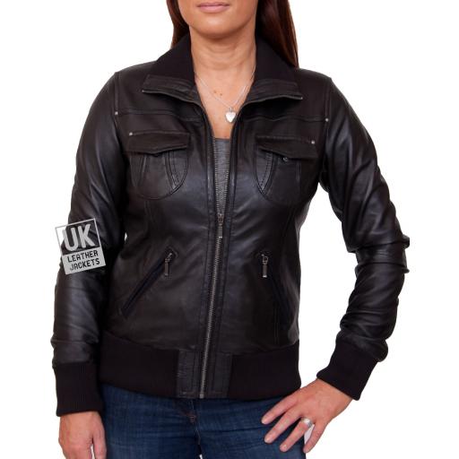 Women's Black Leather Bomber Jacket - Harper - Front Zipped