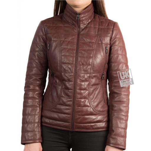 Womens Burgundy Leather Puffa Jacket - Front