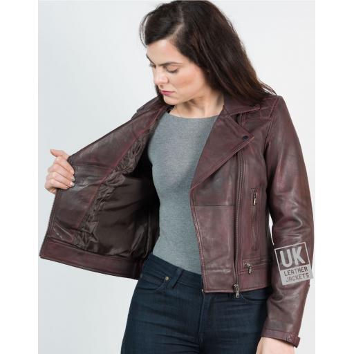 Womens Cross Zip Vintage Burgundy Leather Jacket - Destiny - Lining