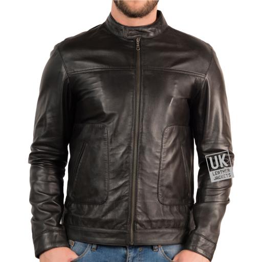 Men's Black Leather Biker Jacket - Xen - Zipped