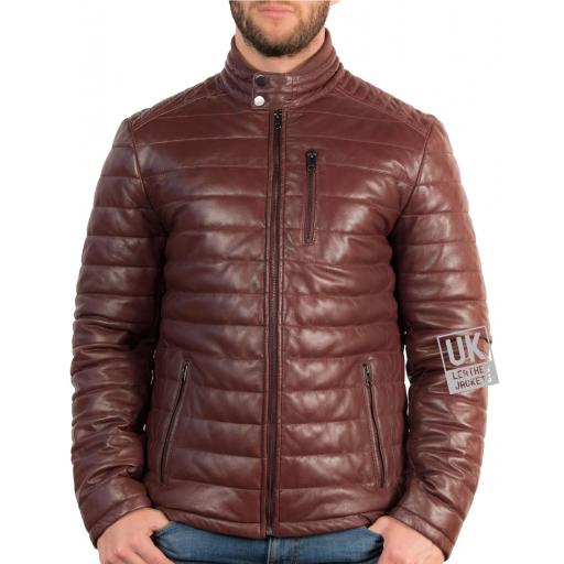 Mens Burgundy Leather Jacket - Ultra Light Quilted - Front
