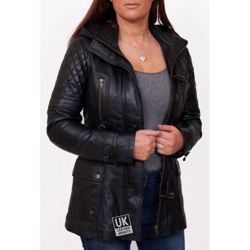 Womens Black Hip Length Leather Jacket with Detach Hood - Eclipse - Unzipped