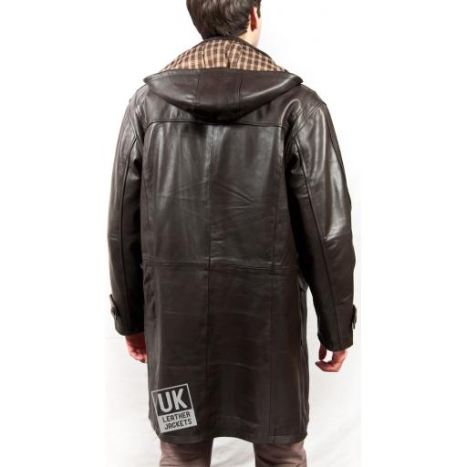 Men's Hooded Vintage Brown Leather Duffle Coat - Plus Size - Monty - Back