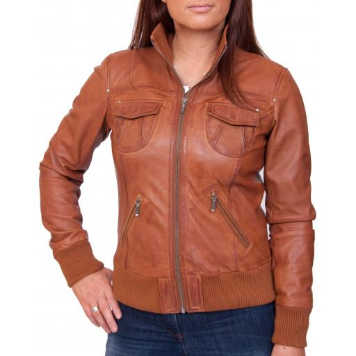 Women's Tan Leather Bomber Jacket - Harper - Limited Stock !