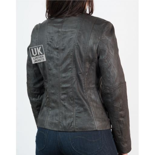Ladies Dark Brown Classic Zip Leather Jacket - Crushed Finish - Back