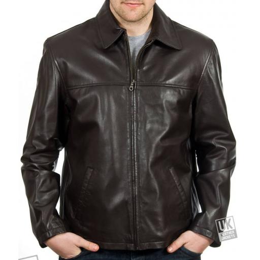 Men's Brown Leather Jacket - Classic Harrington - Main