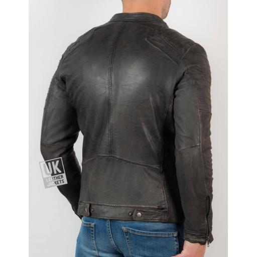 Mens Leather Biker Jacket - Carrick - Antique Matt Charcoal - Back