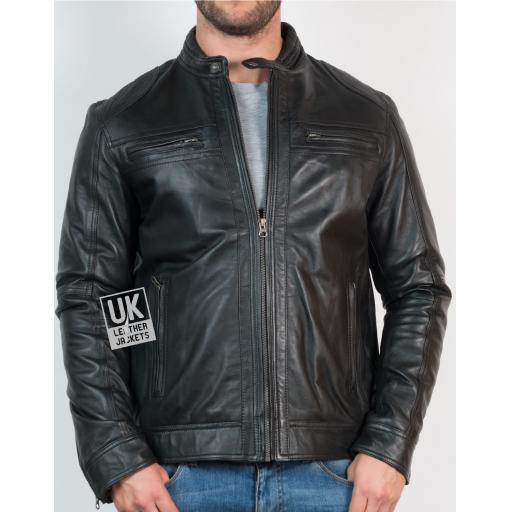 Mens Black Leather Jacket - Ellin - Front