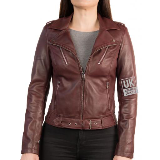 Womens Burgundy Leather Jacket - Elektra - Front