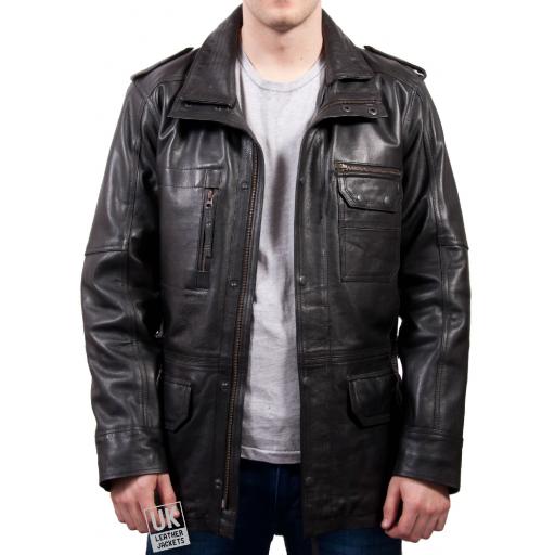 Men's Black Cow Hide Leather Coat Jacket - Portland - Front