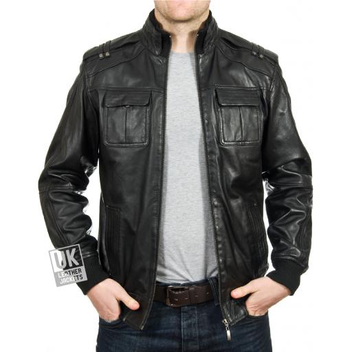 Men's Vintage Leather Bomber Jacket in Black - Mirage
