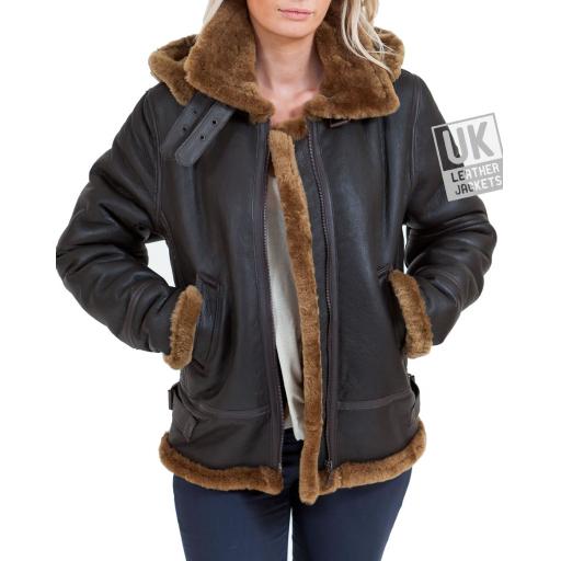 Women's Sheepskin Flying Jacket - Detach Hood - Brown - Front