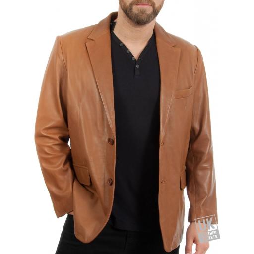 Men's 2 Button Tan Leather Blazer - Plus Size - Jensen - Cover