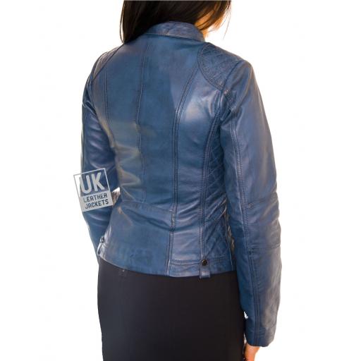 Womens Leather Biker Jacket - Jasmine - Blue - Back