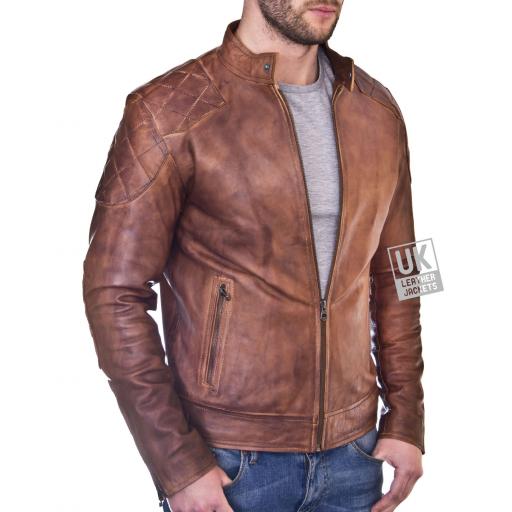 Mens Vintage Tan Leather Jacket - Corado - front Zipped