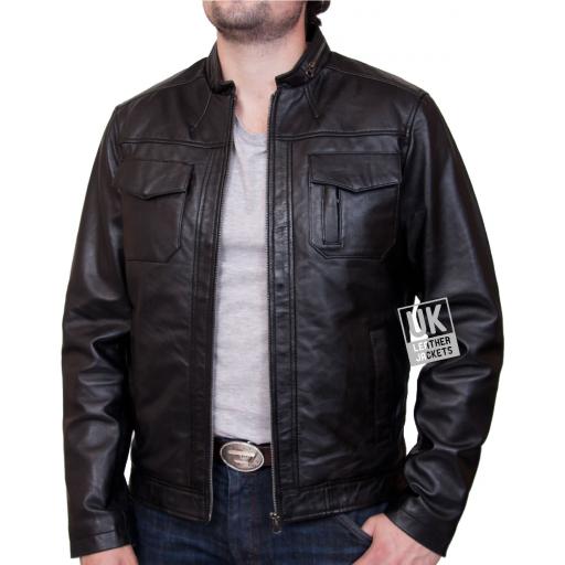 Men's Black Leather Biker Jacket - Beck - Unzipped