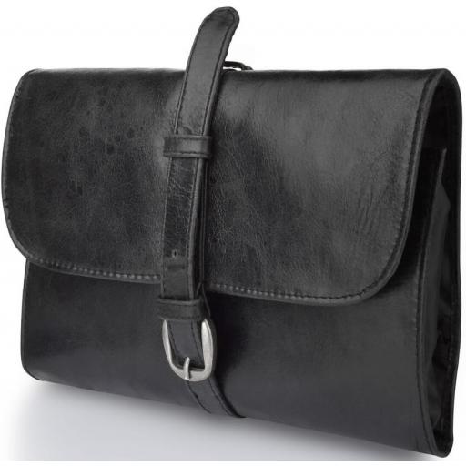 Black Leather Wash Bag - Sepik - Front Side on