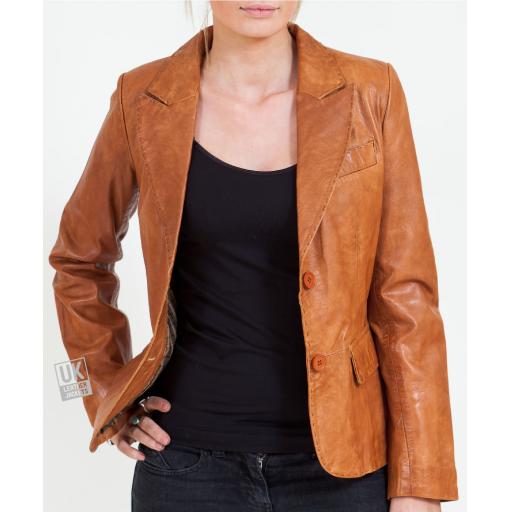 Women's 2 Button Tan Leather Blazer - Athena - Main
