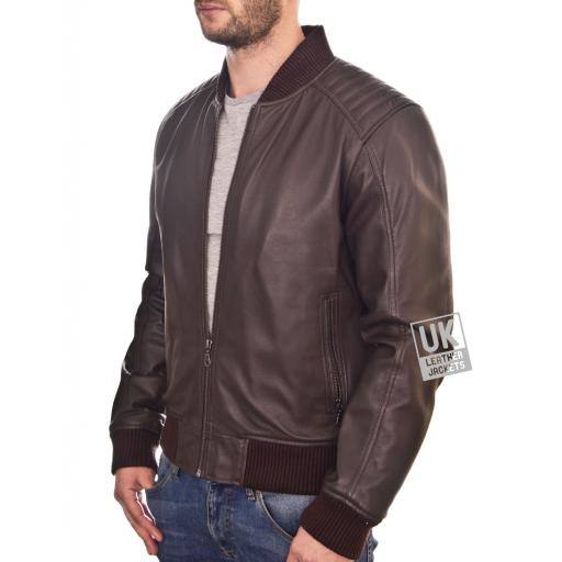 Men's Brown Leather Bomber Jacket - Ventega - Front