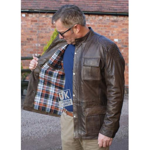 Men's Brown Leather Vintage Racing Jacket - Canterbury - Lining