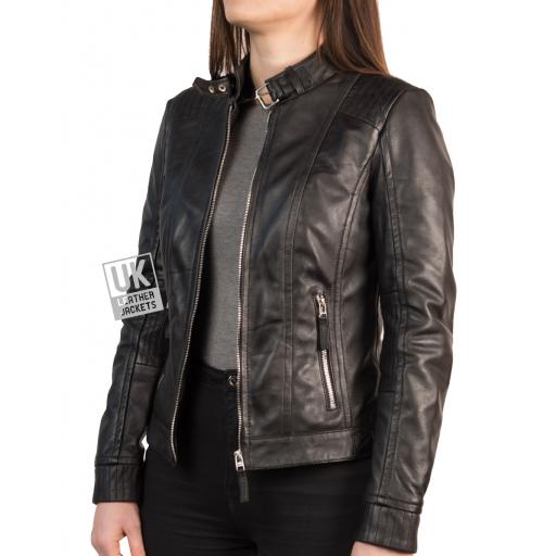Womens Black Leather Jacket - Isla - Zip Out Jersey Hood - Side