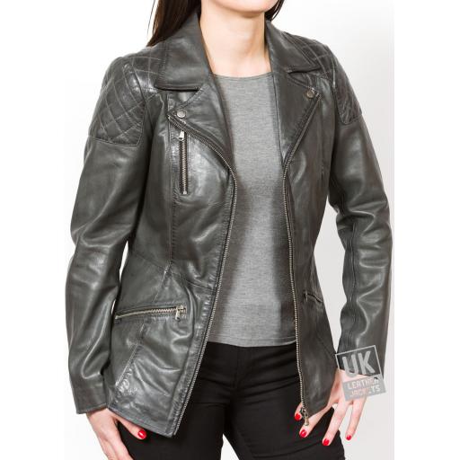 Women's Grey Leather Jacket - Hip Length - Aire - Open