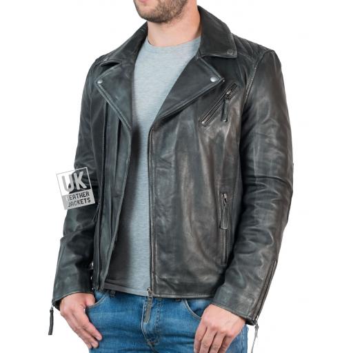 Mens Cross Zip Leather Biker Jacket - Vintage Grey - Front