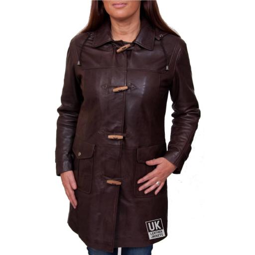 Women's Brown Leather Duffle Coat - Detach Hood - Remy - SOLD OUT !