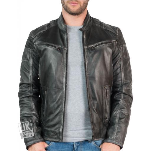 Mens Black Leather Biker Jacket - Accent - Unzipped