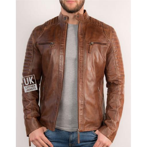 Mens Vintage Tan Leather Biker Jacket - Cruz - Unzipped