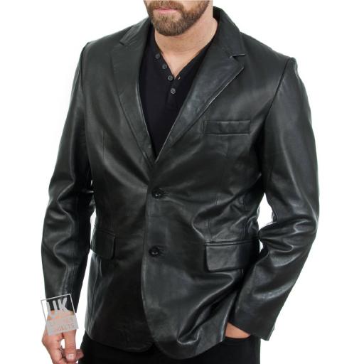 Men's 2 Button Black Leather Blazer - Single Vent - Superior