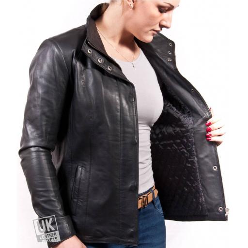 Women's Black Leather Jacket - Sapphire - Lining