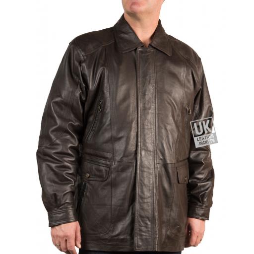 Men's Matt Brown Leather Parka Coat - Berwick - Front