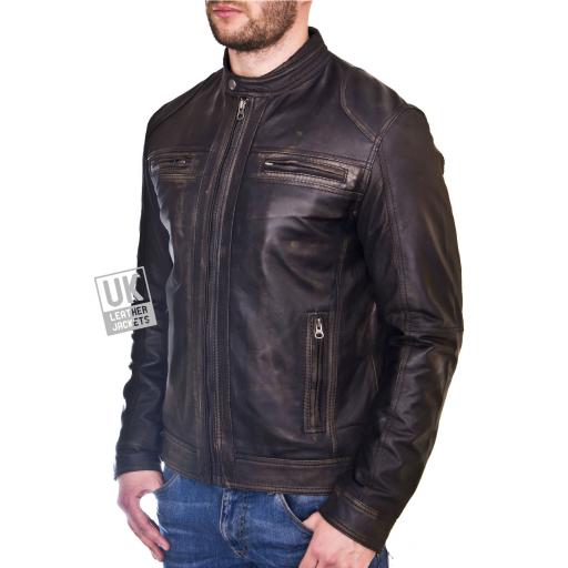Mens Burnished Black Leather Biker Jacket - Morgan - Front Zipped