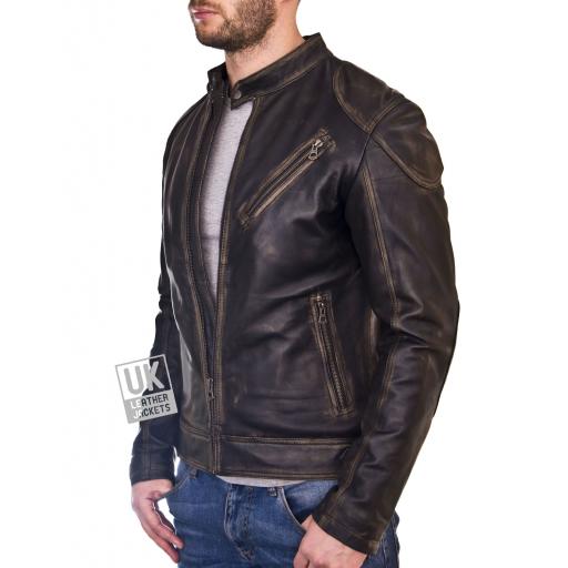 Mens Burnished Black Leather Jacket - Theo - Side