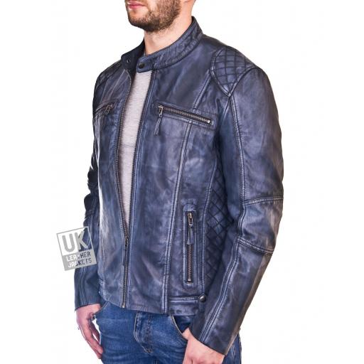 Men's Blue Leather Biker Jacket - Phoenix - Front