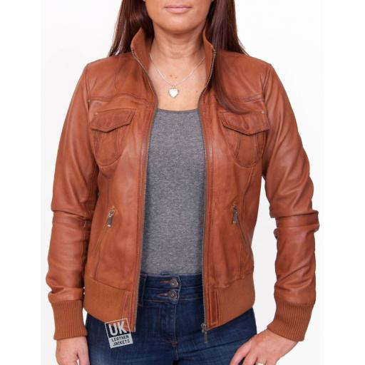 Women's Tan Leather Bomber Jacket - Harper - Unzipped