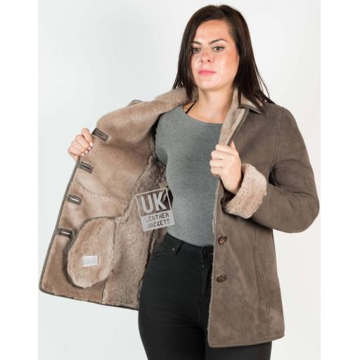 Womens Grey Shearling Sheepskin Jacket - Hip Length - Dana - Wool Interior