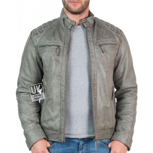 Men's Leather Jacket - Lancer - Vintage Grey - Unzipped