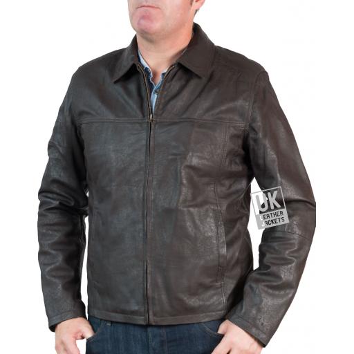 Mens Classic Zip Leather Jacket - Vintage Brown - Zipped
